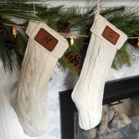Cable Knit Christmas Stocking with Personalized Vegan Leather Patch
