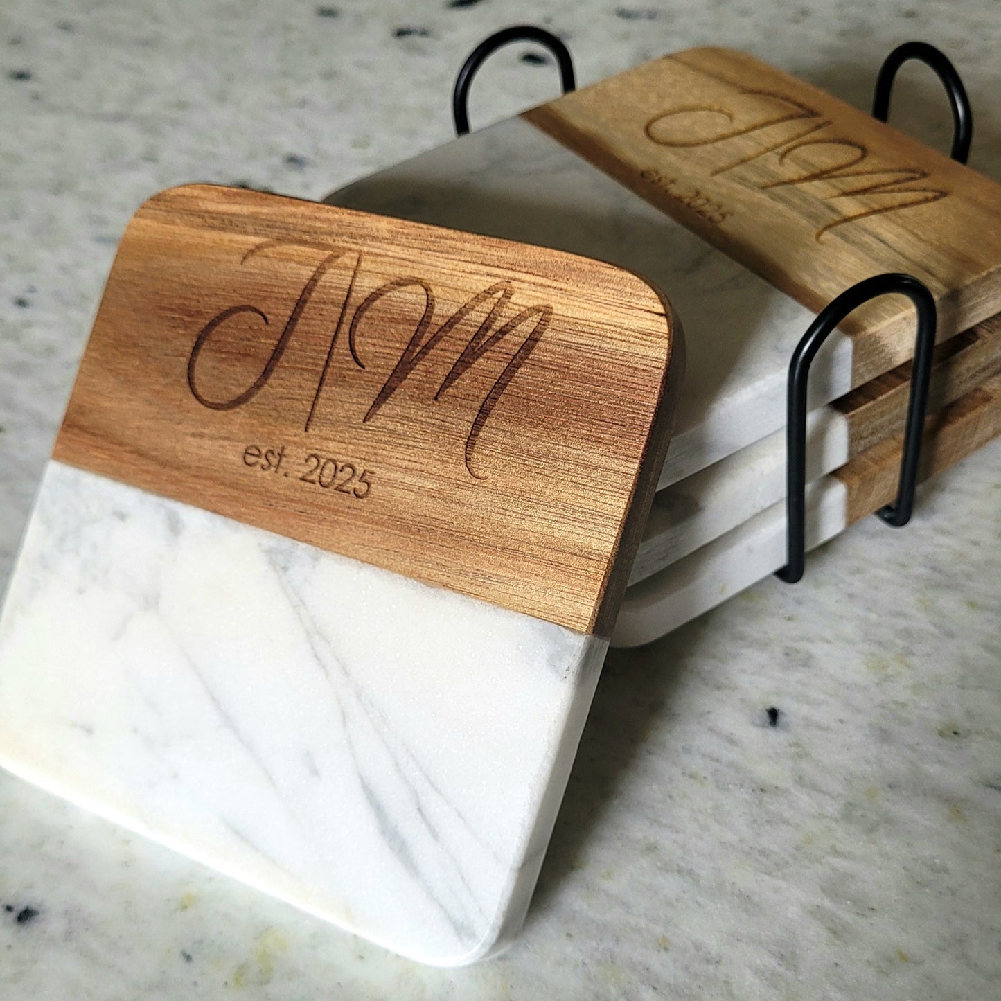 Set of 4 | Square Wood and Marble Coasters with Stand
