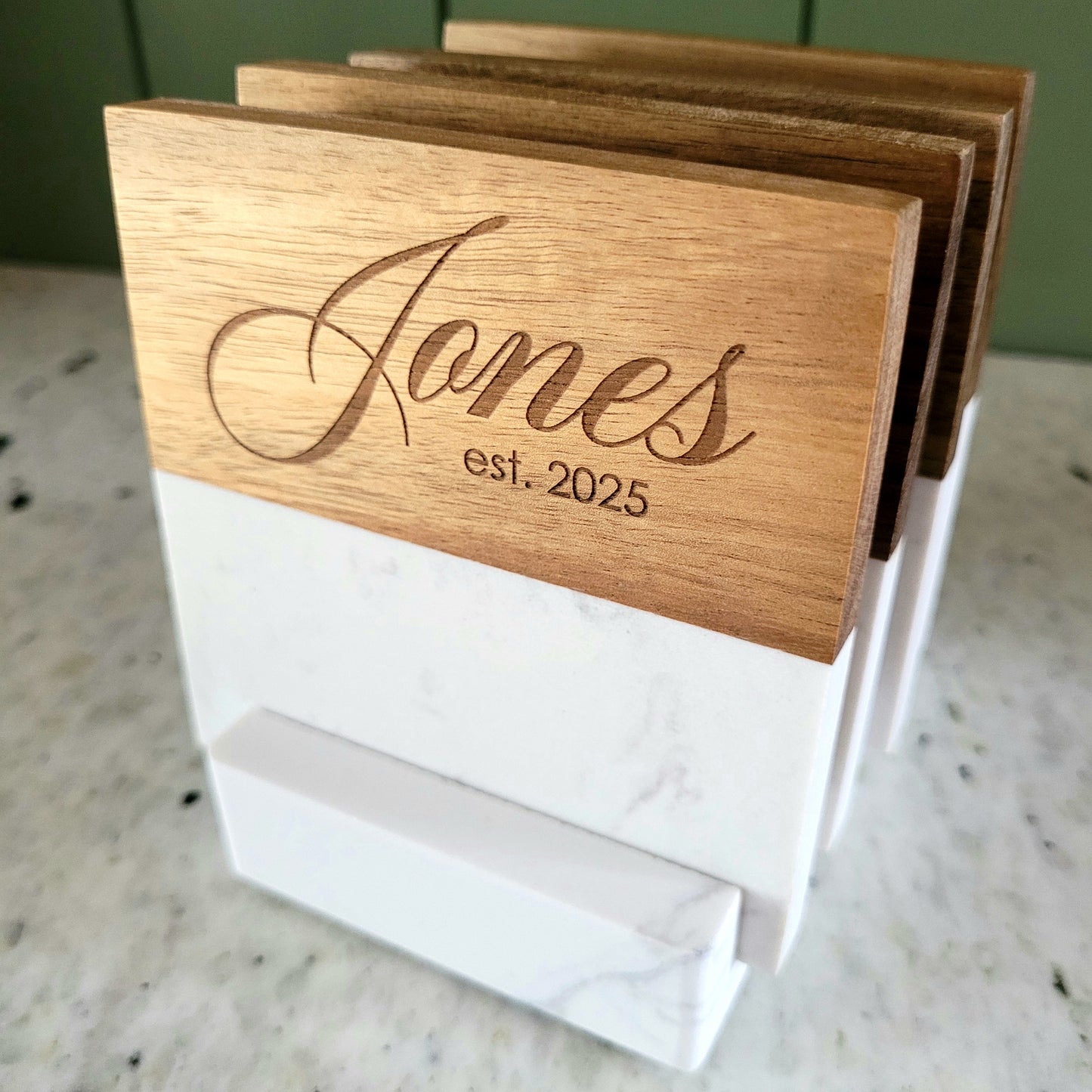 Set of 4 | Square Wood and Marble Coasters with Stand