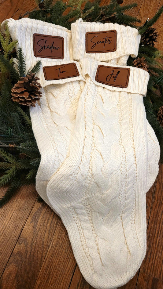 Cable Knit Christmas Stocking with Personalized Vegan Leather Patch