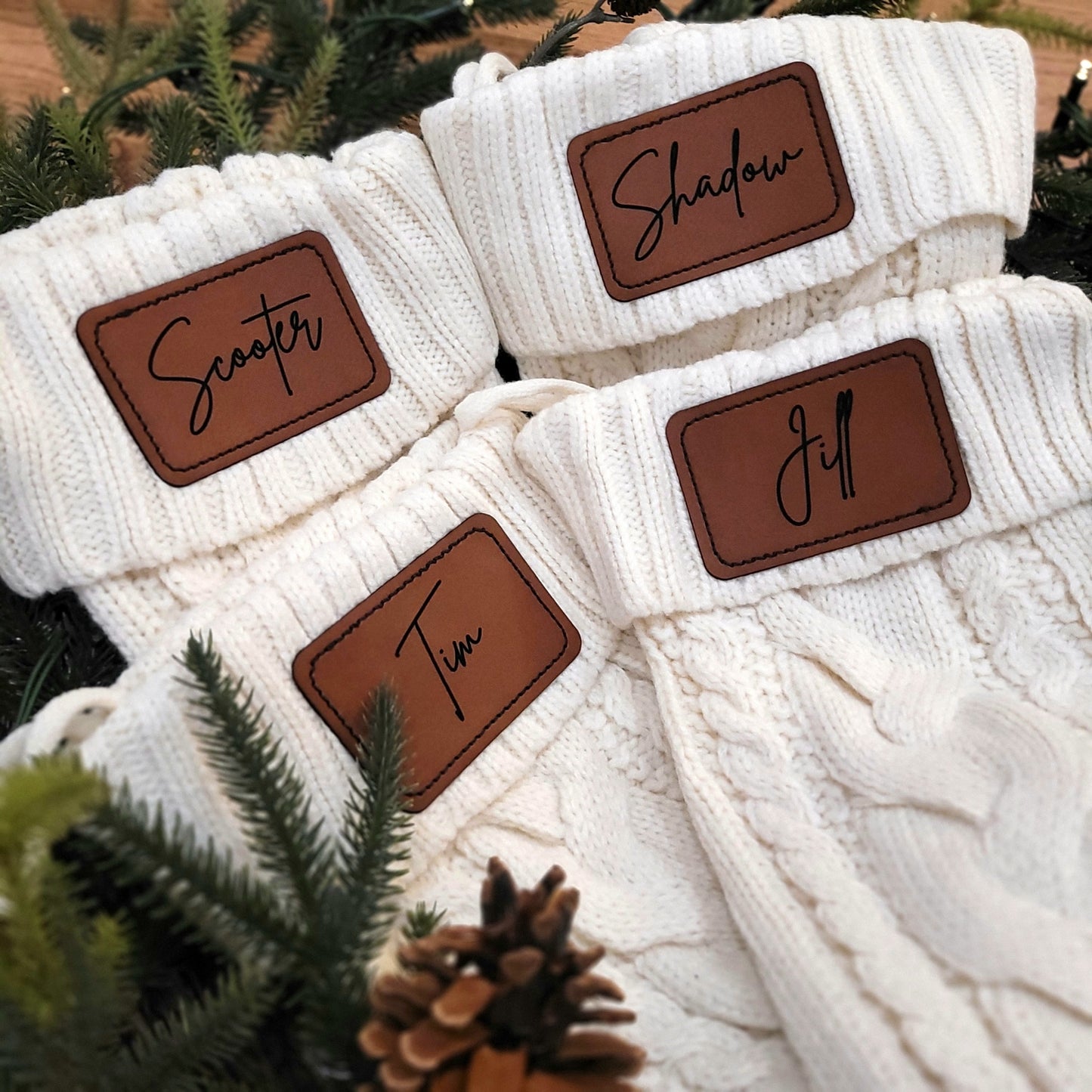 Cable Knit Christmas Stocking with Personalized Vegan Leather Patch