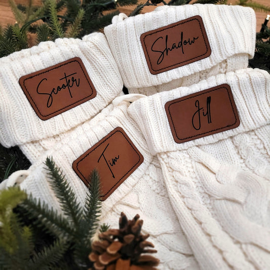 Cable Knit Christmas Stocking with Personalized Vegan Leather Patch