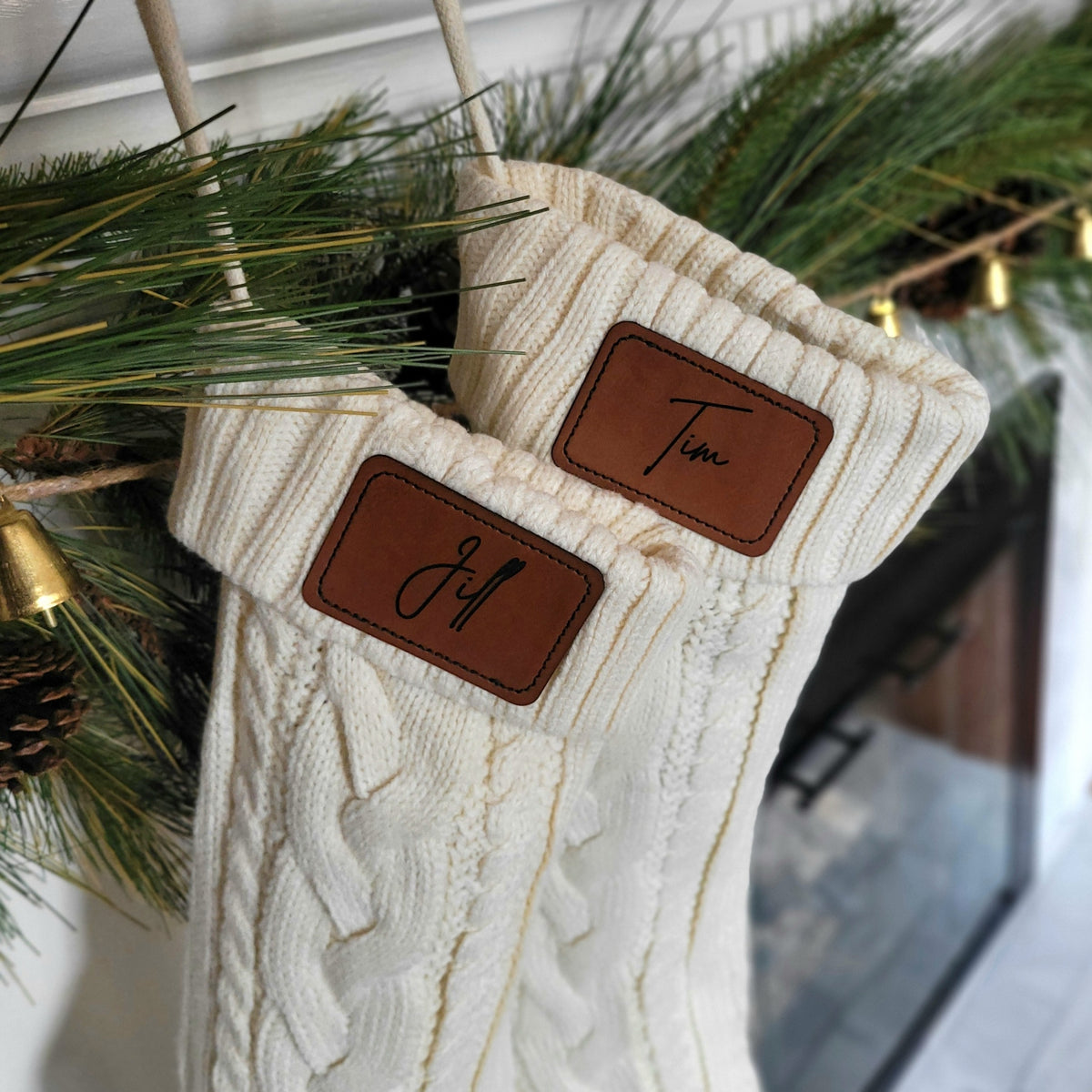 Cable Knit Christmas Stocking with Personalized Vegan Leather Patch
