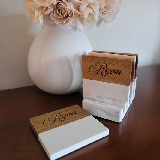 Set of 4 | Square Wood and Marble Coasters with Stand